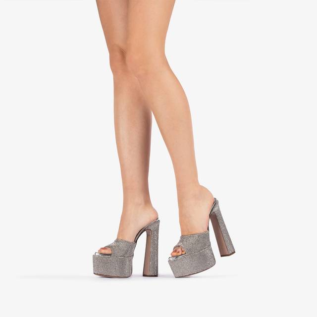 Le Silla Sandalo mule con plateau effetto pavé di Cristalli argento Prezzo Ridotto