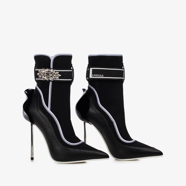 Le Silla Stivaletto pelle e tessuto nero con Cristalli argento Offerte