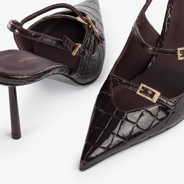 Le Silla Slingback con listini stampa coccodrillo marrone fondente Vendita