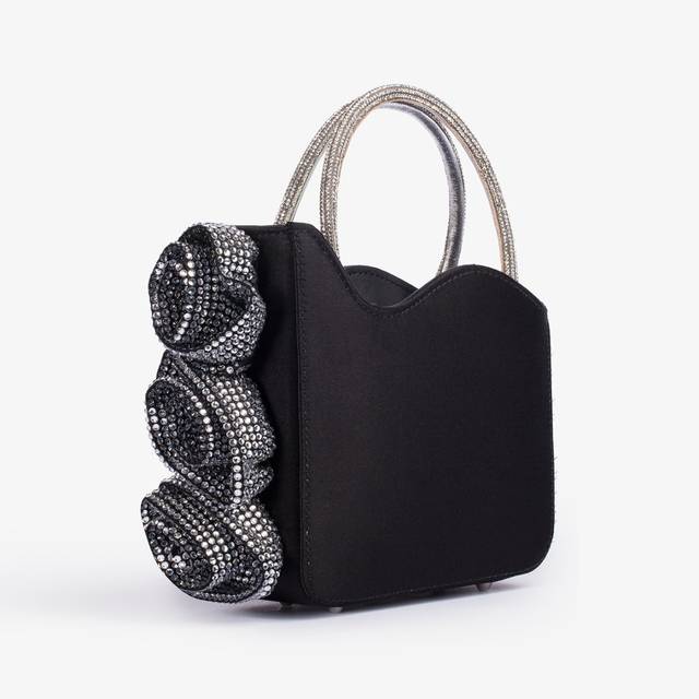 Le Silla Mini bag raso nero e Cristalli con rose gioiello Sottocosto