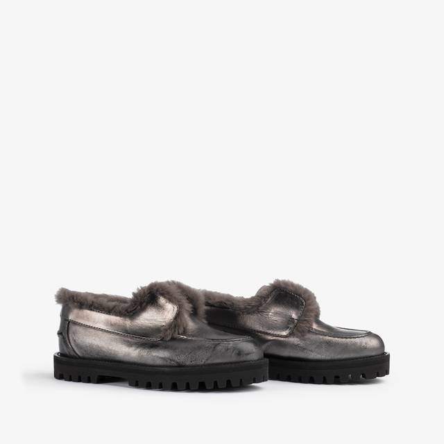 Le Silla Mocassino pelle laminata effetto vintage peltro con fodera lapin Fino Al -60%
