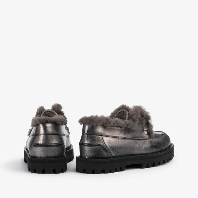 Le Silla Mocassino pelle laminata effetto vintage peltro con fodera lapin Fino Al -60%