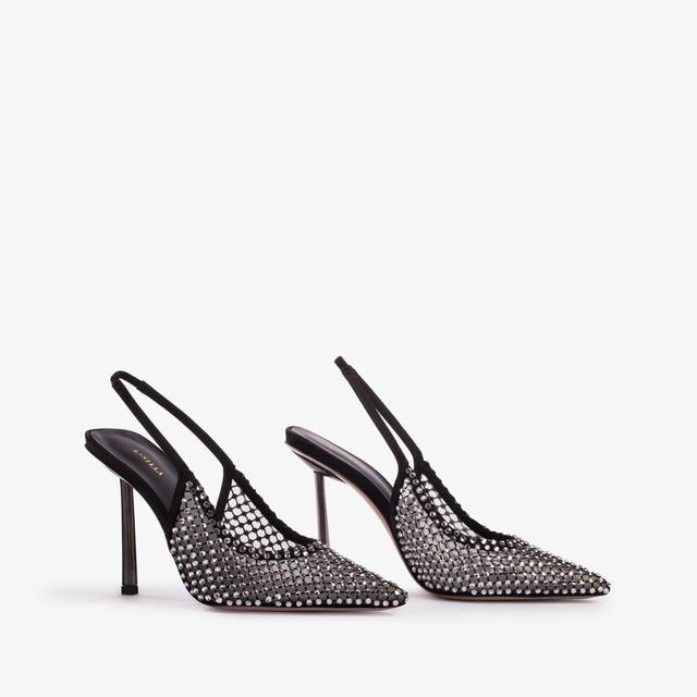 Le Silla Slingback gioiello rete nera e Cristalli argento Vendita Calda