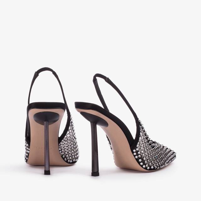Le Silla Slingback gioiello rete nera e Cristalli argento Vendita Calda