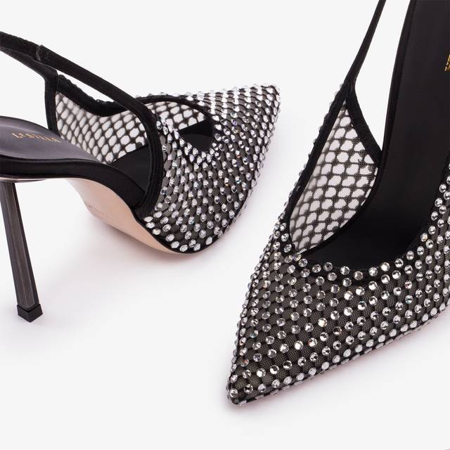 Le Silla Slingback gioiello rete nera e Cristalli argento Vendita Calda