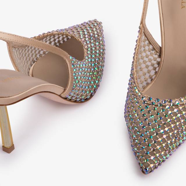 Le Silla Slingback gioiello rete oro e Cristalli iridescenti Saldi Di Fabbrica