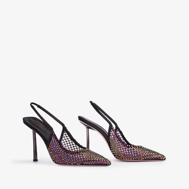 Le Silla Slingback gioiello rete nera e Cristalli iridescenti Online