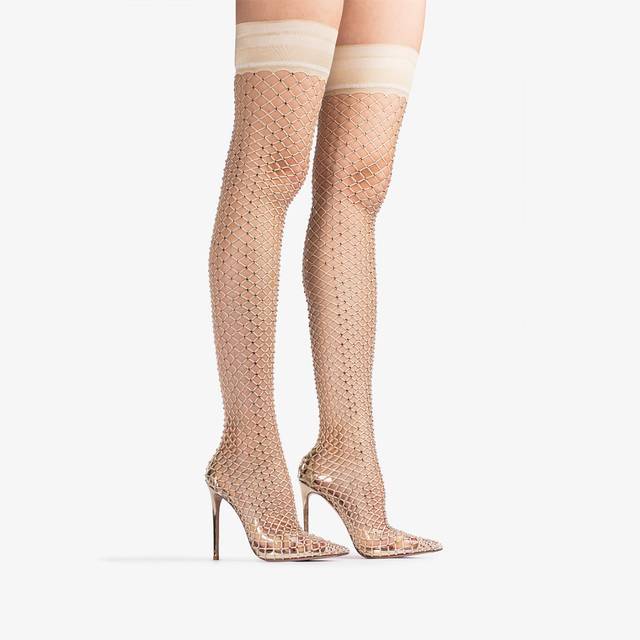 Le Silla Stivale sopra il ginocchio calza platino con Cristalli Moda