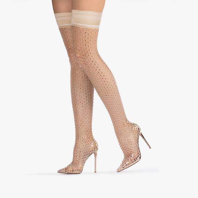 Le Silla Stivale sopra il ginocchio calza platino con Cristalli Moda