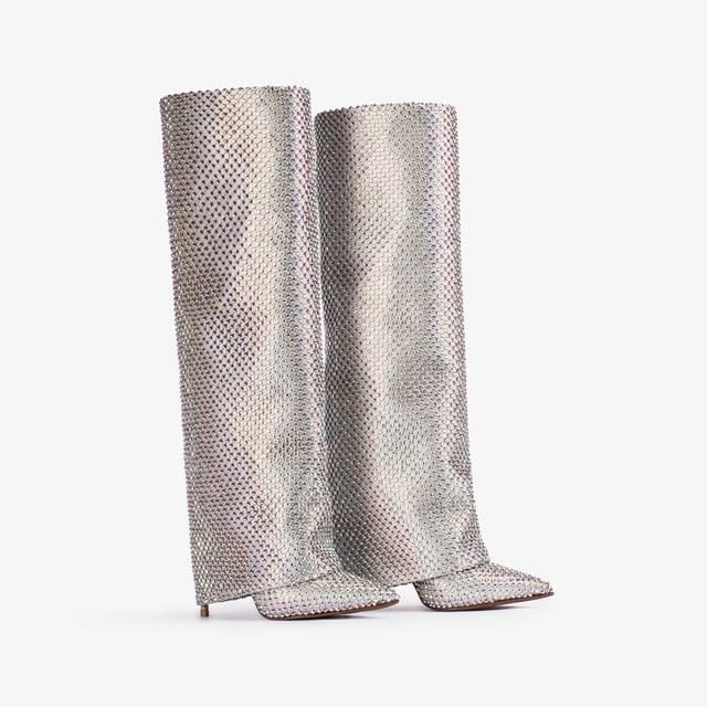 Le Silla Stivale al ginocchio con risvolto rete e Cristalli argento eclissi Promozione Limitata