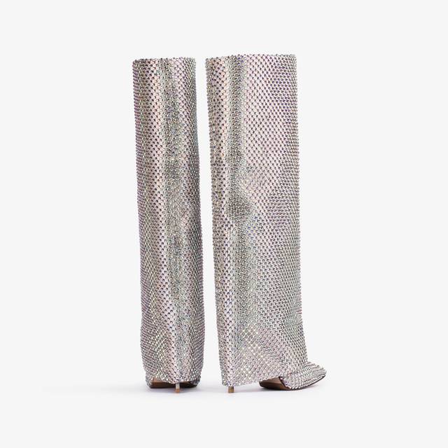 Le Silla Stivale al ginocchio con risvolto rete e Cristalli argento eclissi Promozione Limitata