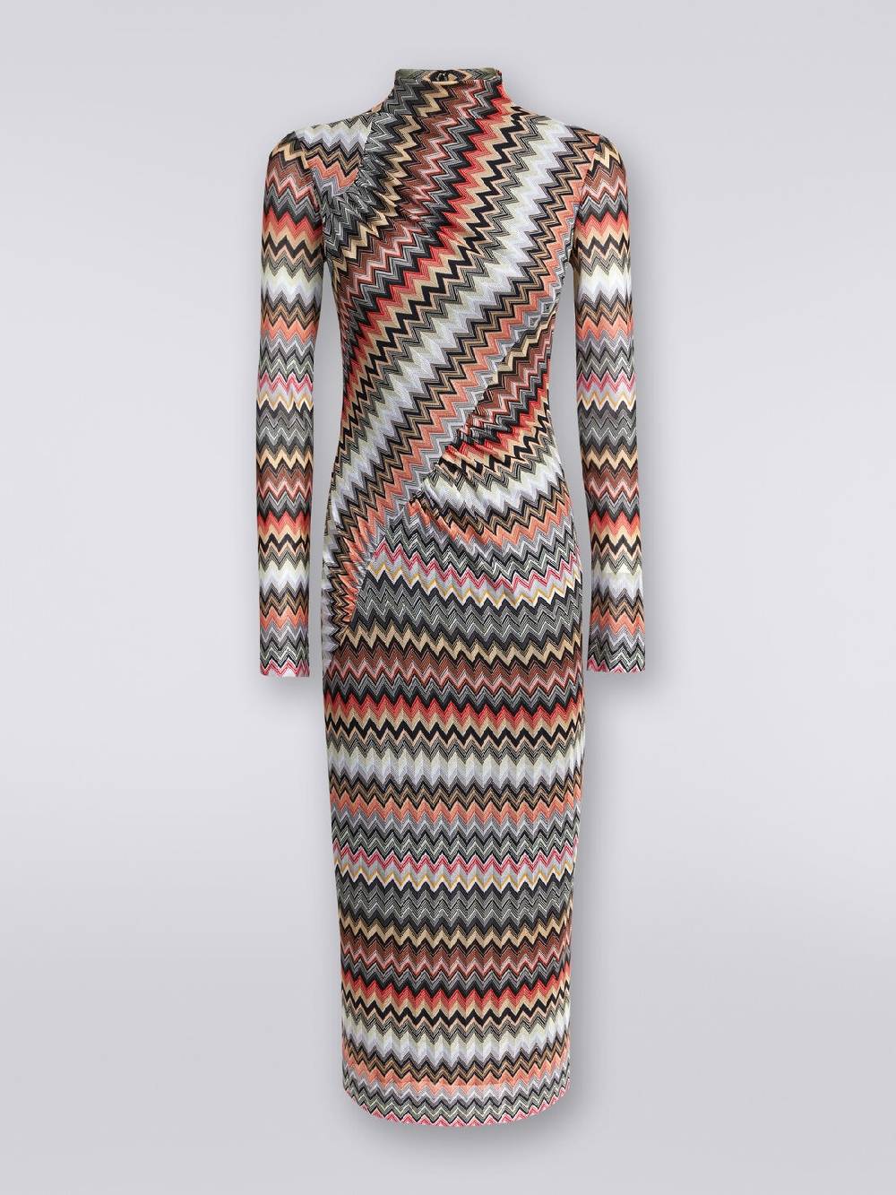 Missoni Abito lungo con collo alto in cotone e viscosa zig zag con arricciature Saldi Di Fabbrica