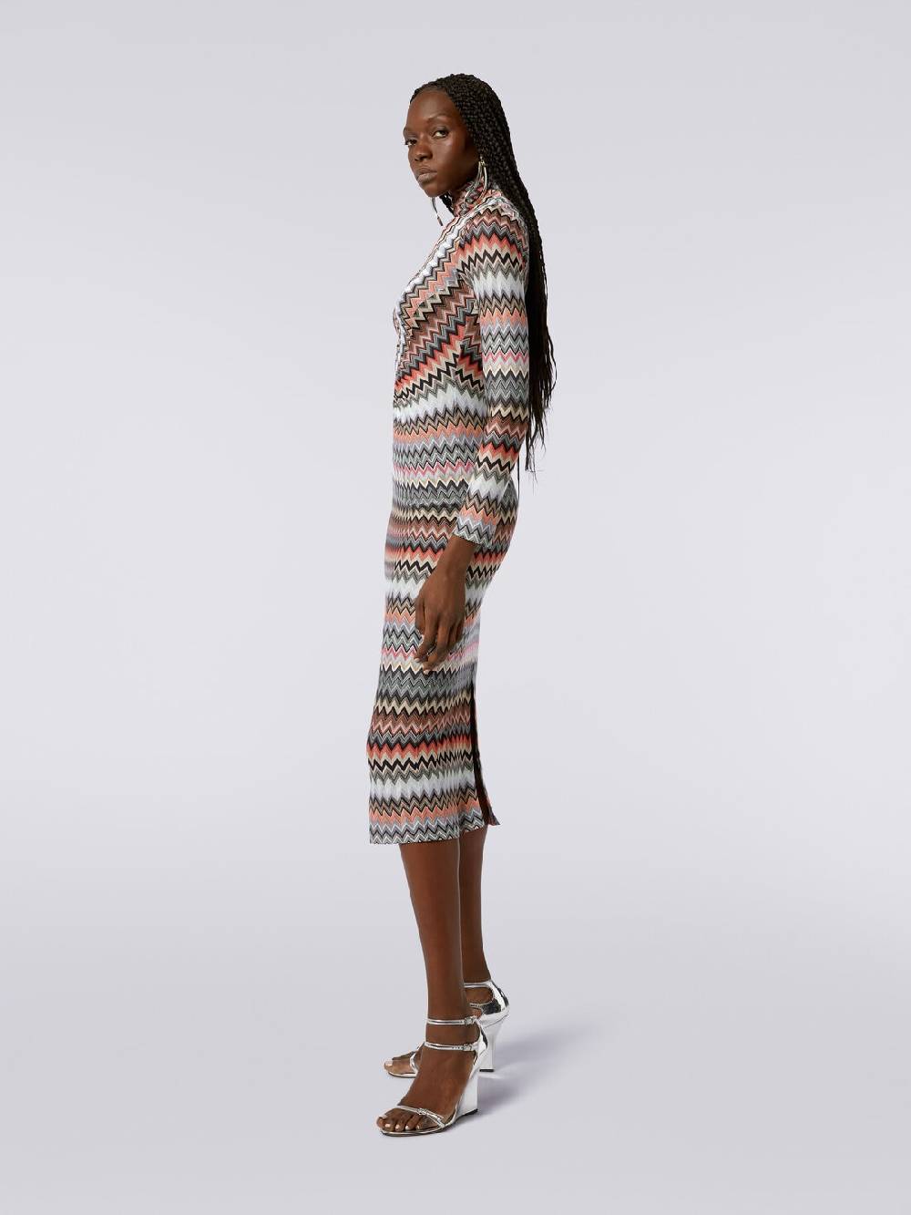 Missoni Abito lungo con collo alto in cotone e viscosa zig zag con arricciature Saldi Di Fabbrica
