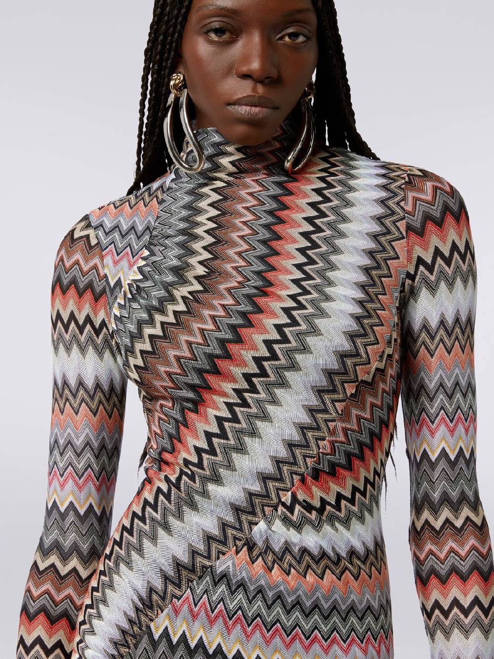 Missoni Abito lungo con collo alto in cotone e viscosa zig zag con arricciature Saldi Di Fabbrica