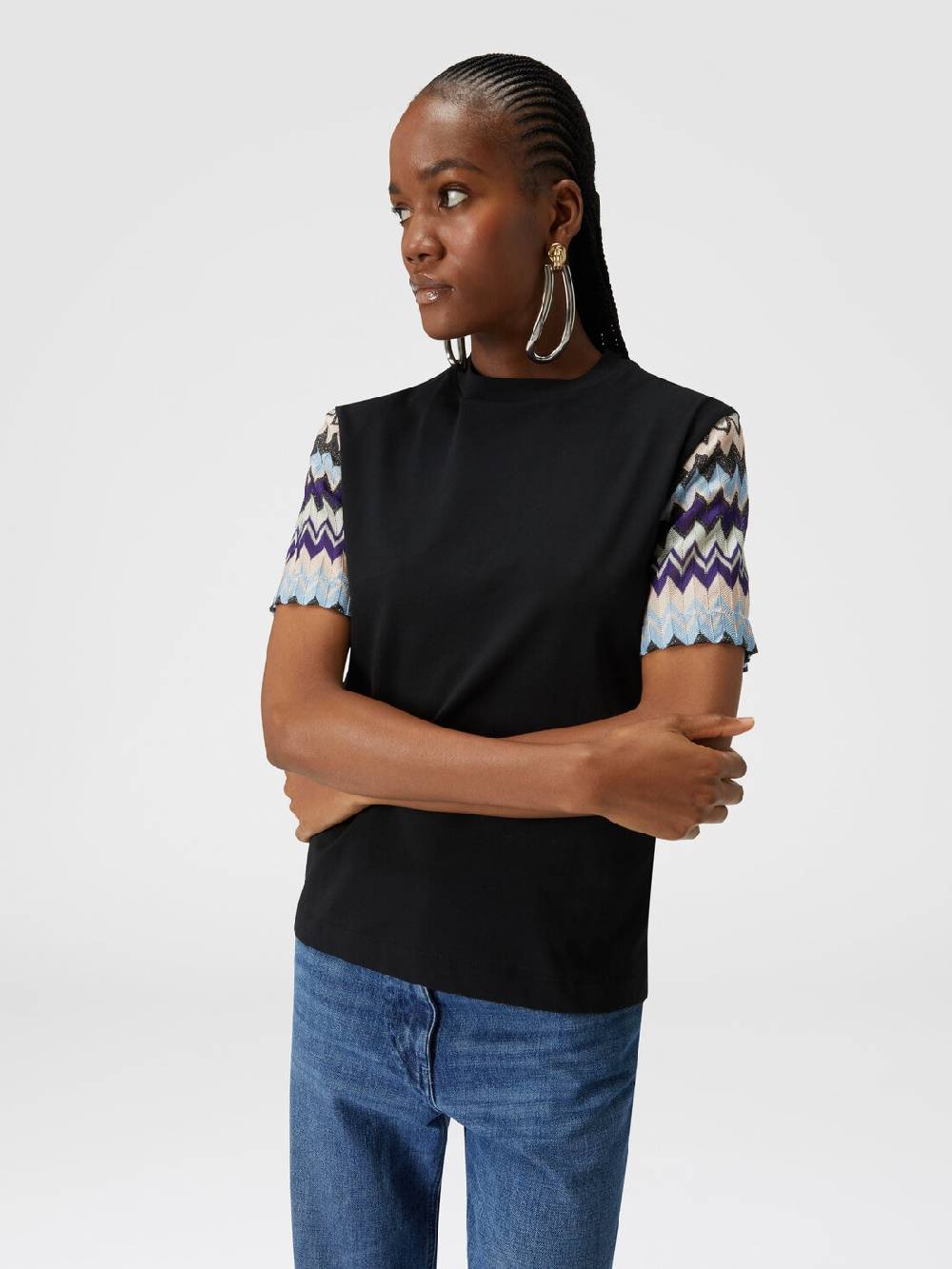 Missoni T-shirt in jersey di cotone con maniche in maglia zig zag Vendita Economica