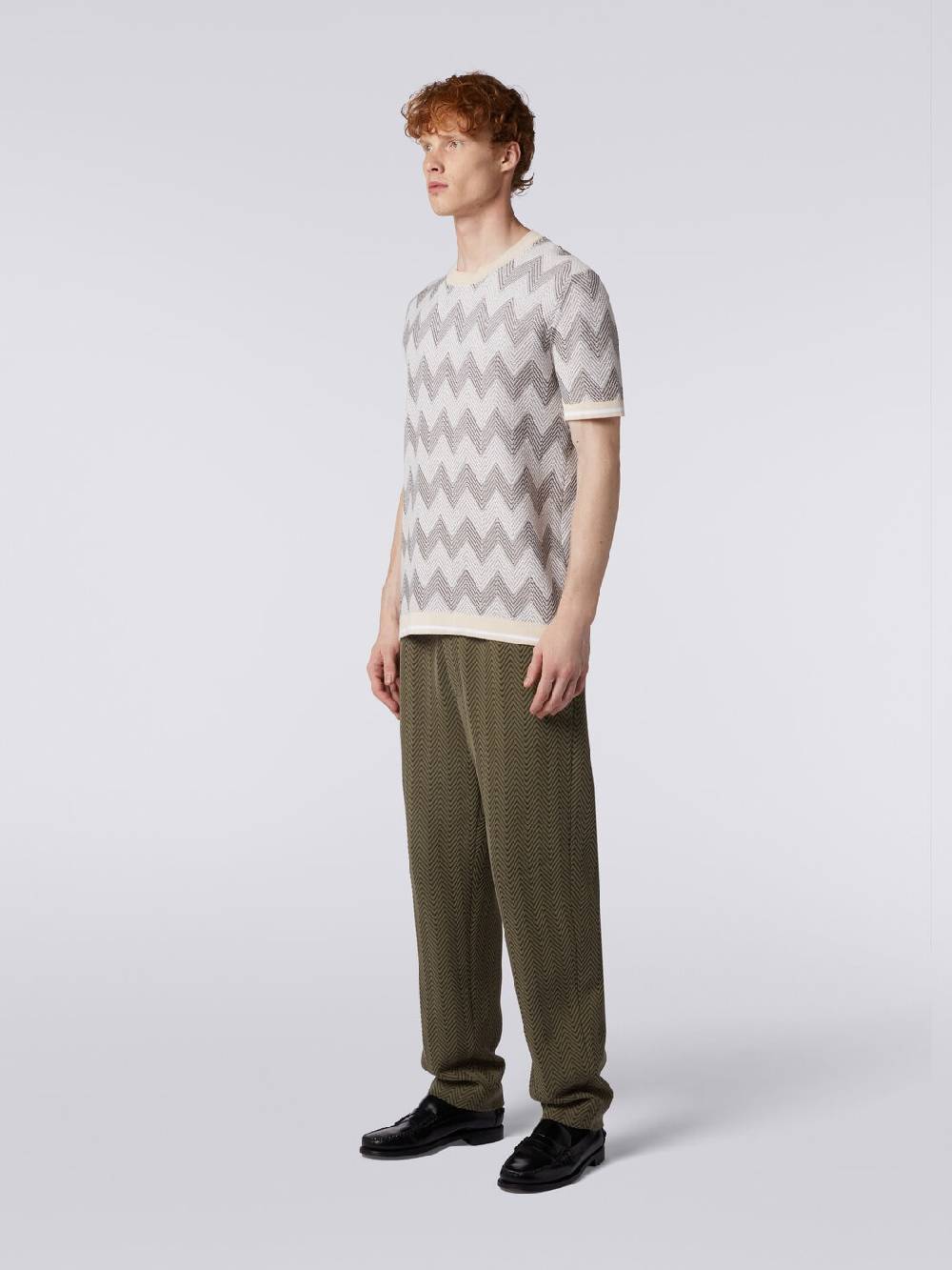 Missoni T-shirt in maglia di cotone chevron con profili a contrasto Nuova