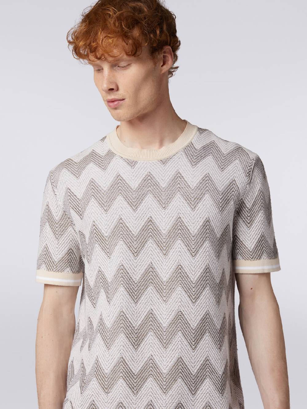 Missoni T-shirt in maglia di cotone chevron con profili a contrasto Nuova