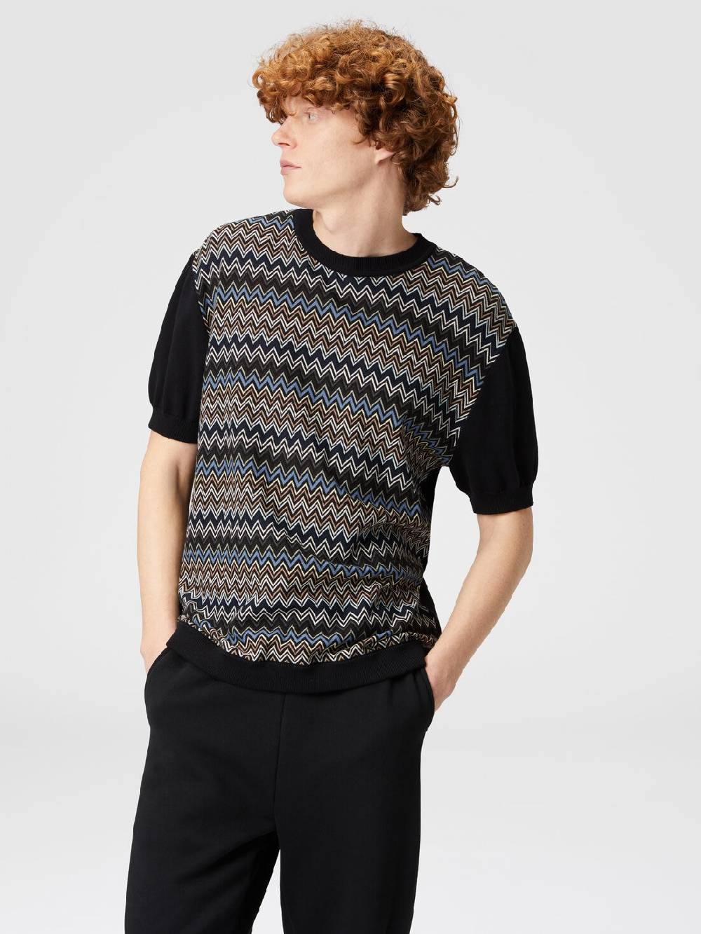 Missoni T-shirt in maglia di cotone zig zag con inserti tinta unita Saldi Di Fabbrica
