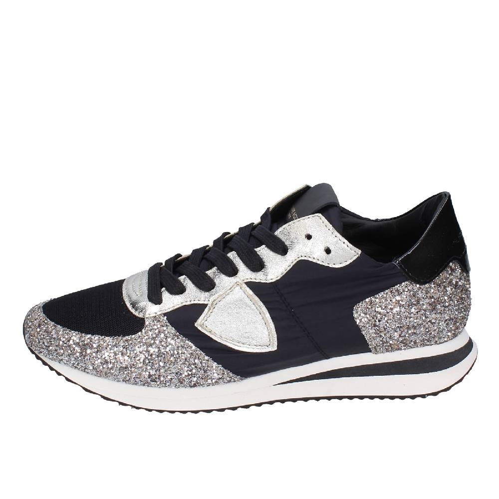 scarpe donna PHILIPPE MODEL sneakers nero tessuto platino glitter EX366 Outlet