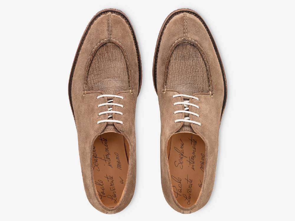 Paolo Sartori Art. 797 Derby in Cocco Suede and Shark Leather Vendita Calda