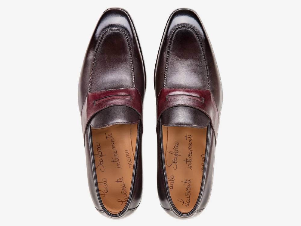 Paolo Sartori ART. 729 Loafer in Antiqued Vietri, Bordeaux and Black Leather Consegna Veloce