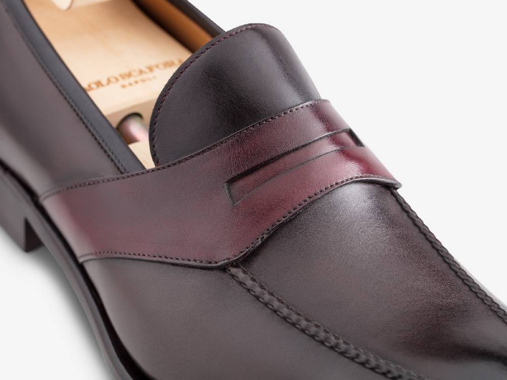 Paolo Sartori ART. 729 Loafer in Antiqued Vietri, Bordeaux and Black Leather Consegna Veloce
