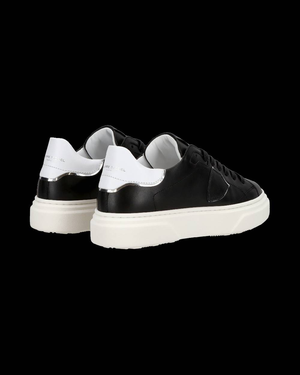 Philippe Model Junior Temple Low-Top Sneakers in Leather, Black White Saldi Di Fabbrica