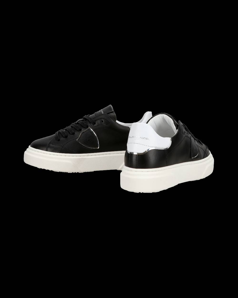 Philippe Model Junior Temple Low-Top Sneakers in Leather, Black White Saldi Di Fabbrica