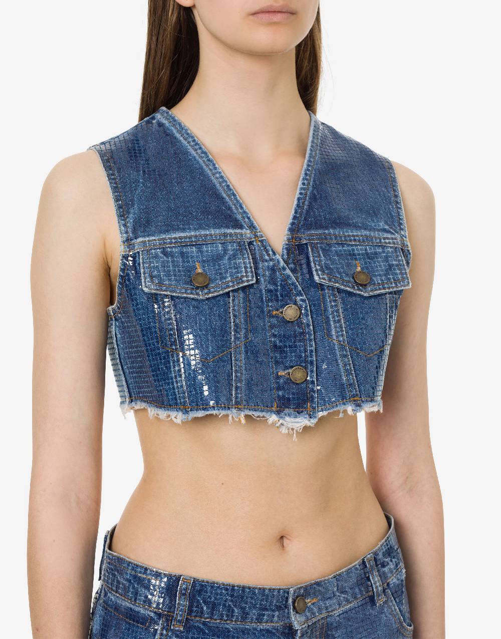 Philosophy Di Lorenzo Serafini Gilet crop in denim con paillettes Soddisfazione Garantita