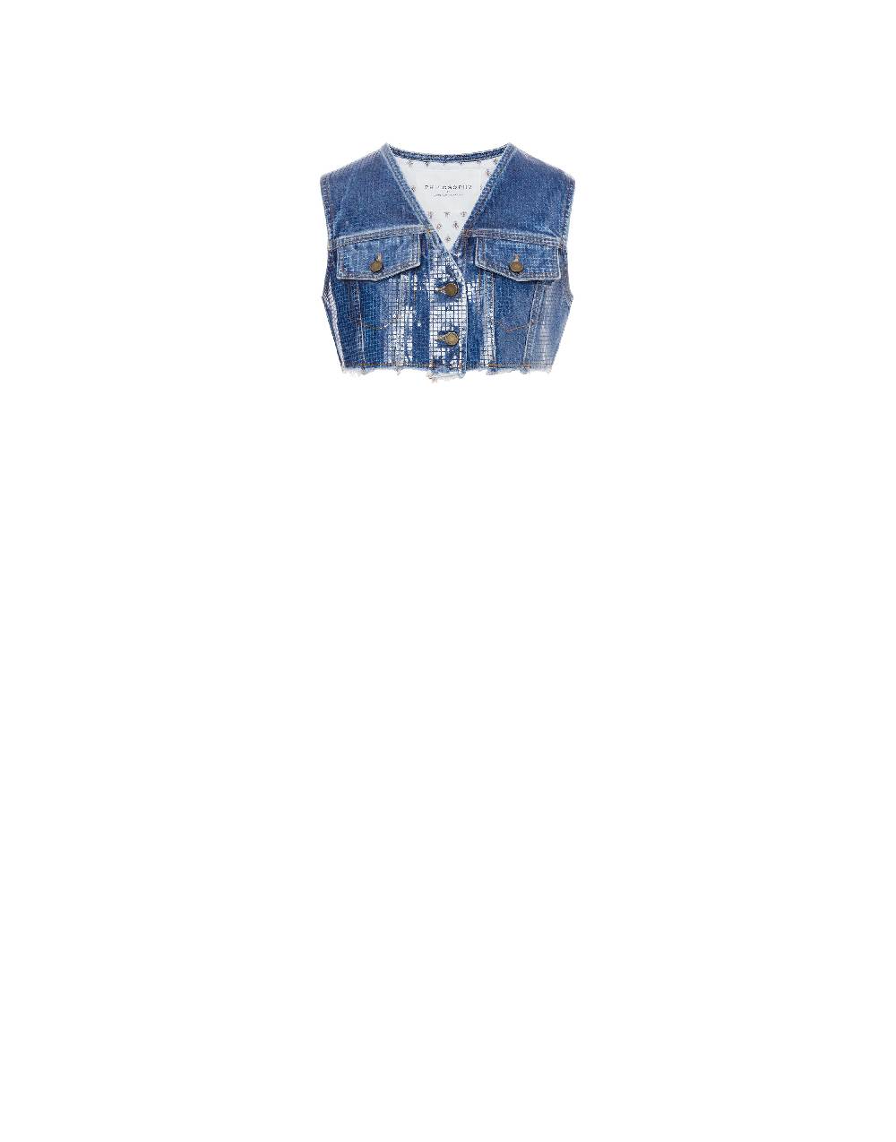 Philosophy Di Lorenzo Serafini Gilet crop in denim con paillettes Soddisfazione Garantita