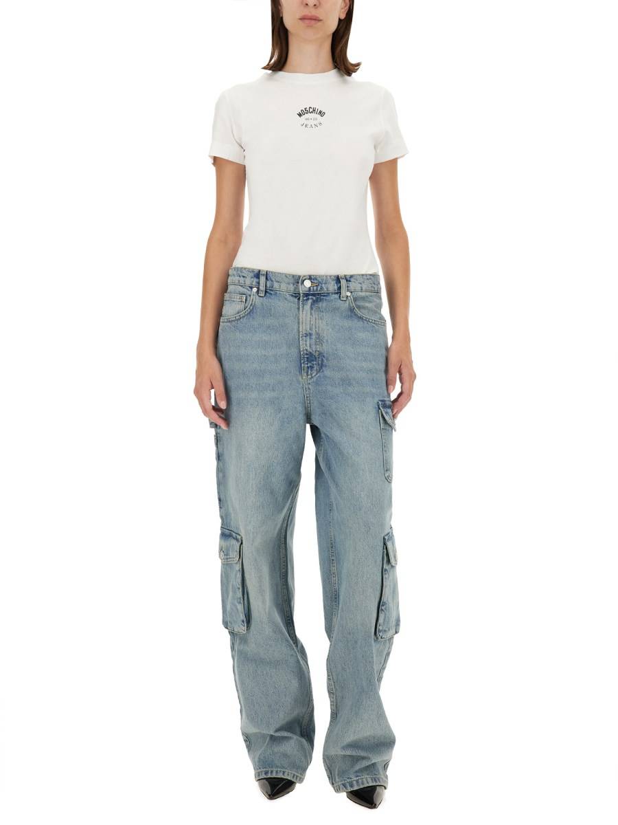 MOSCHINO JEANS T-SHIRT IN JERSEY DI COTONE CON STAMPA LOGO Soddisfazione Garantita