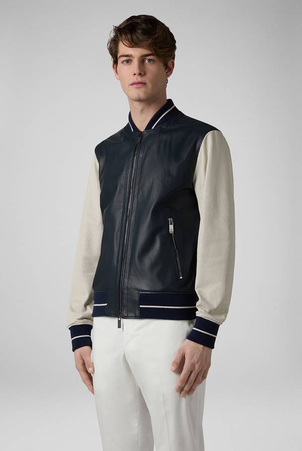 Pull Pal Zileri Varsity Jacket in nappa bicolore blu e panna Offerte