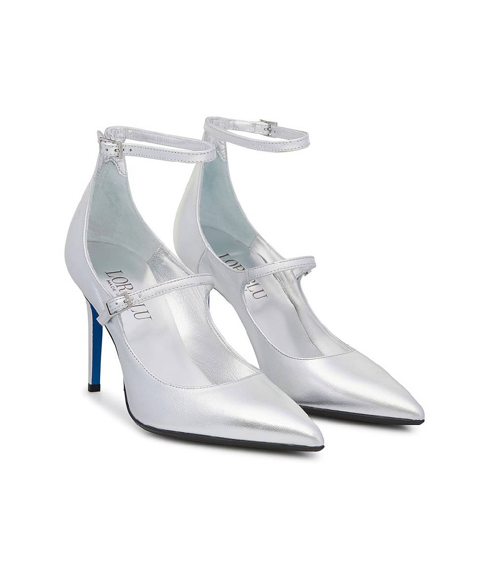 Loriblu Decollete in pelle nappa laminata argento con cinturini Saldi Di Fabbrica