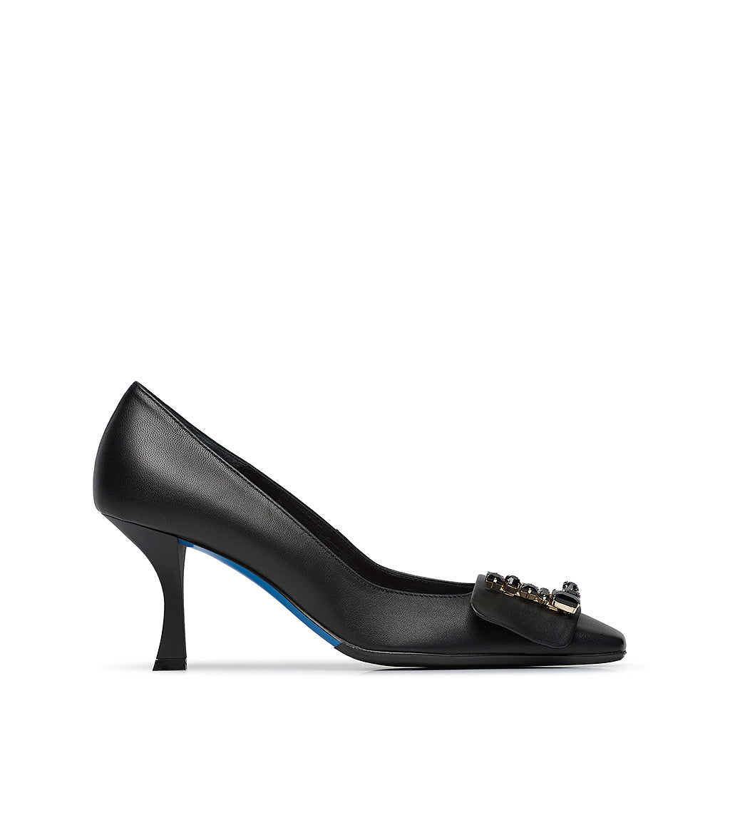 Loriblu Décolleté in nappa nero con Logo Signature cristalli
