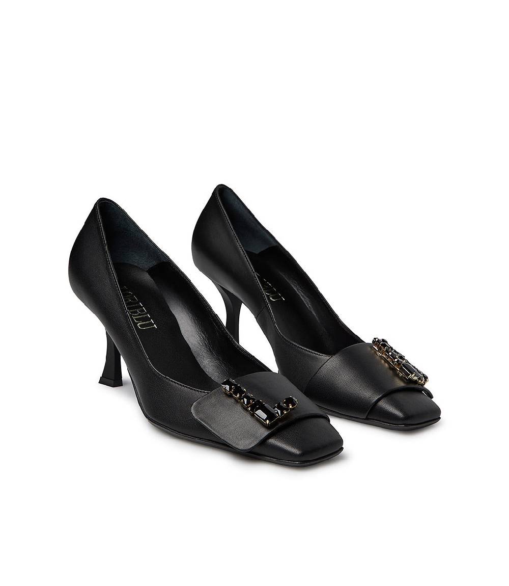 Loriblu Décolleté in nappa nero con Logo Signature cristalli Italia