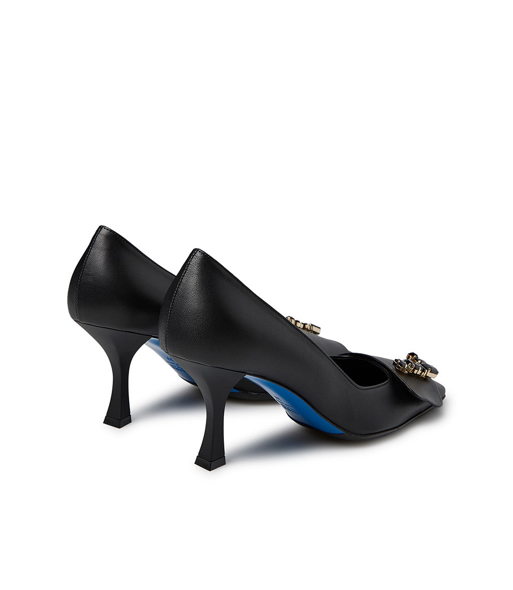 Loriblu Décolleté in nappa nero con Logo Signature cristalli Italia