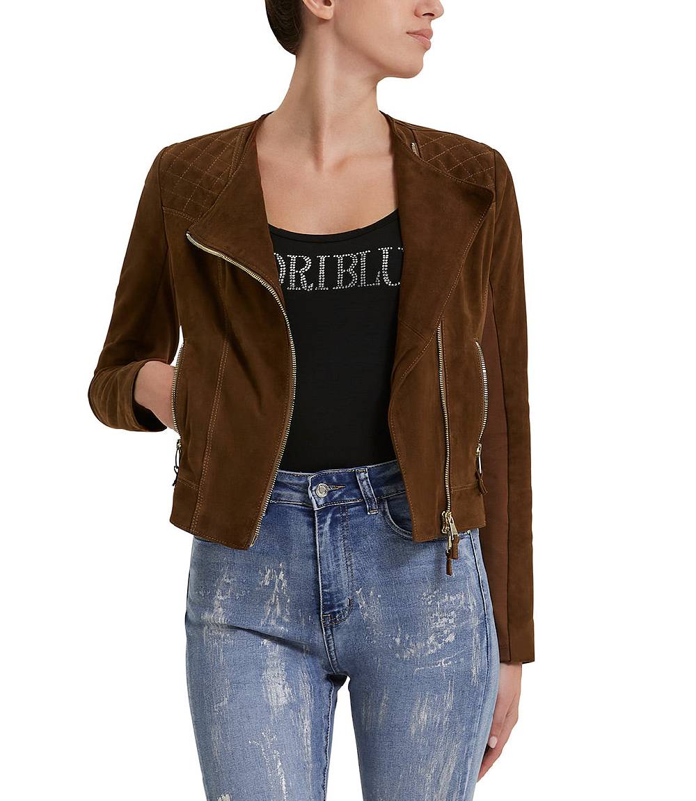 Loriblu Giacca stile biker in camoscio tabacco Qualità Garantita