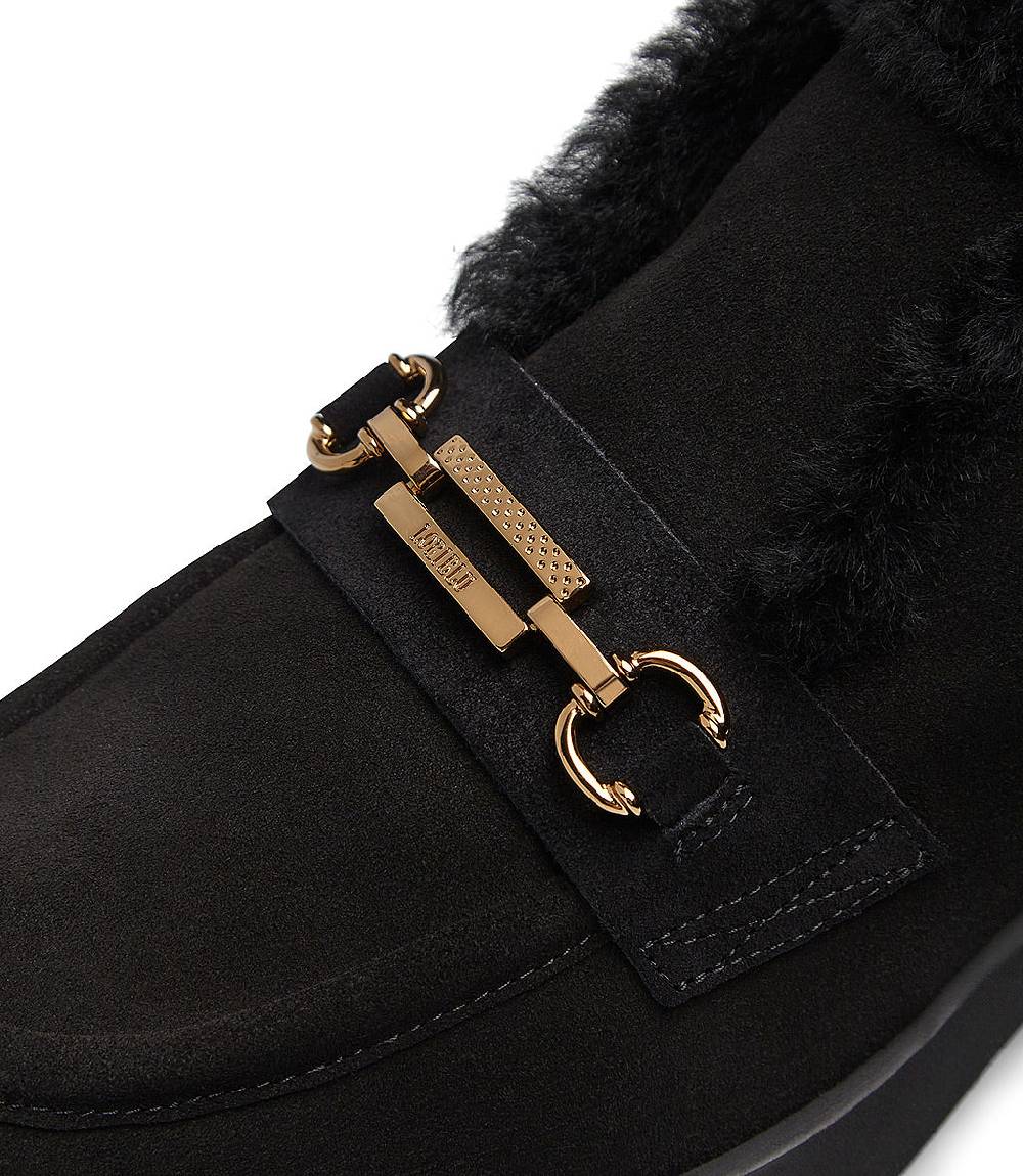 Loriblu Mocassini in camoscio e shearling nero con fibbia-logo Sconto