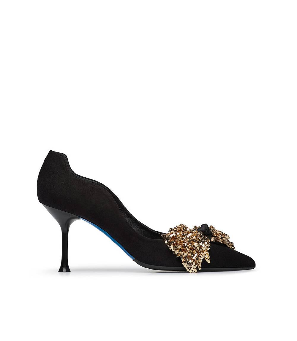 Loriblu Décolleté onda in camoscio nero con fiocco full metal oro Shopping Online