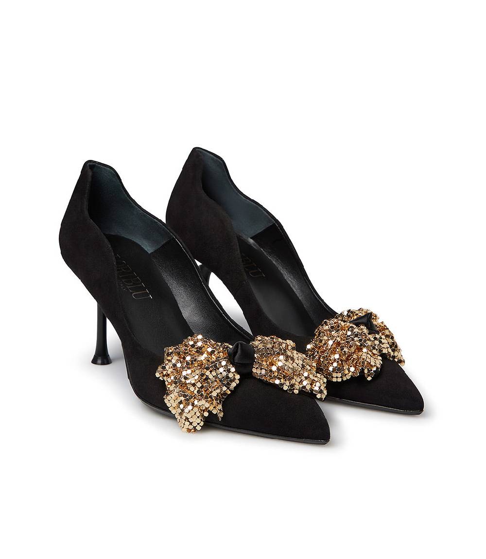 Loriblu Décolleté onda in camoscio nero con fiocco full metal oro Shopping Online