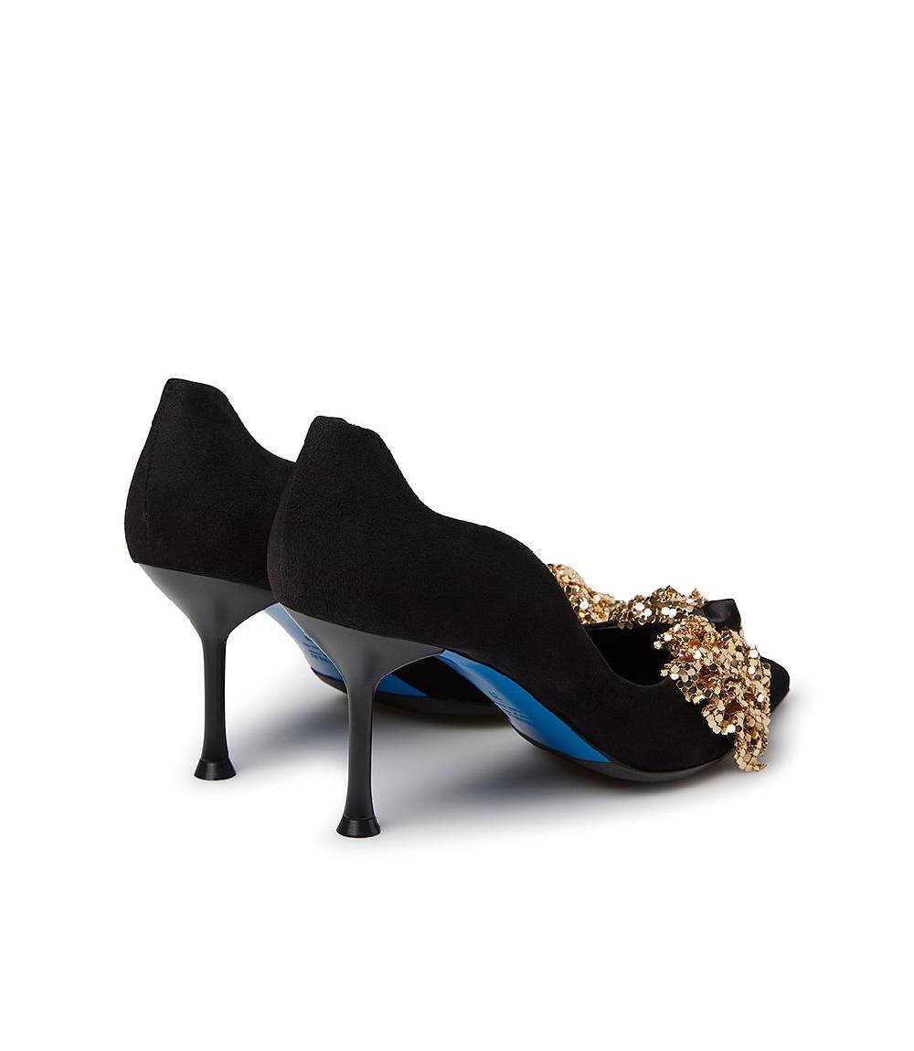 Loriblu Décolleté onda in camoscio nero con fiocco full metal oro Shopping Online