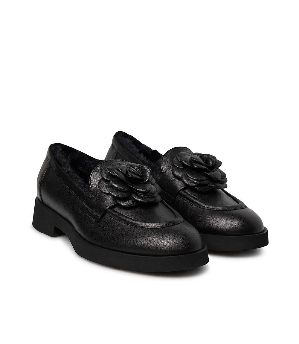 Loriblu Mocassino in nappa nero con fiore e fodera shearling Sottocosto