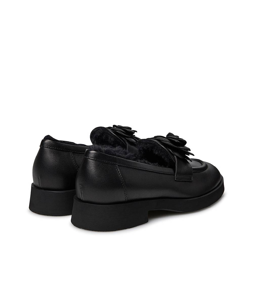 Loriblu Mocassino in nappa nero con fiore e fodera shearling Sottocosto