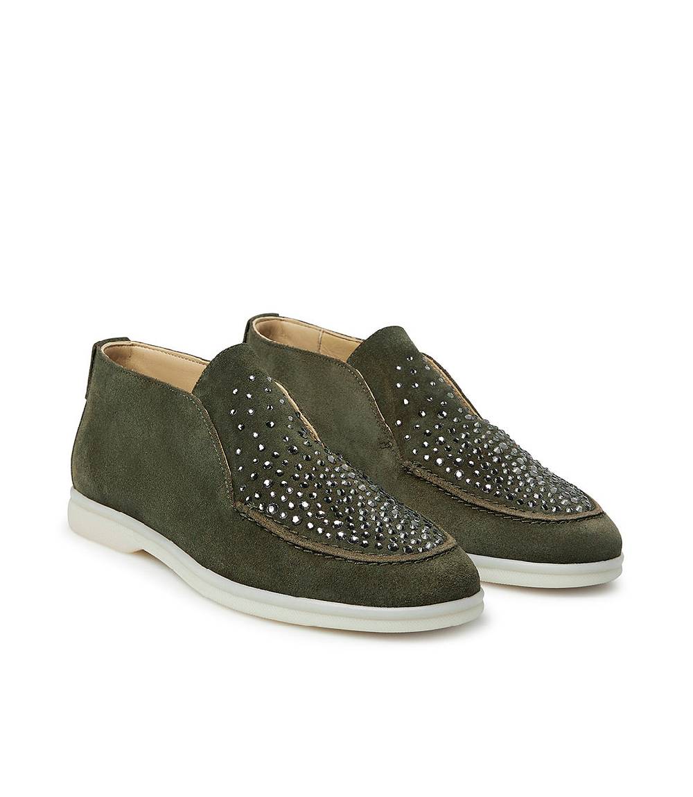Loriblu Mocassini in pelle scamosciata verde con cristalli Italy