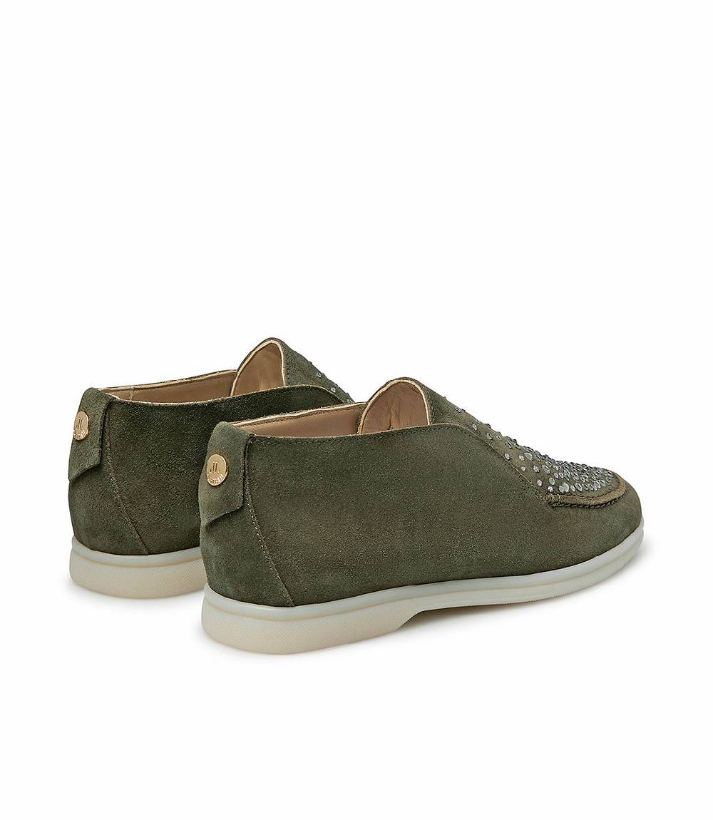 Loriblu Mocassini in pelle scamosciata verde con cristalli Italy