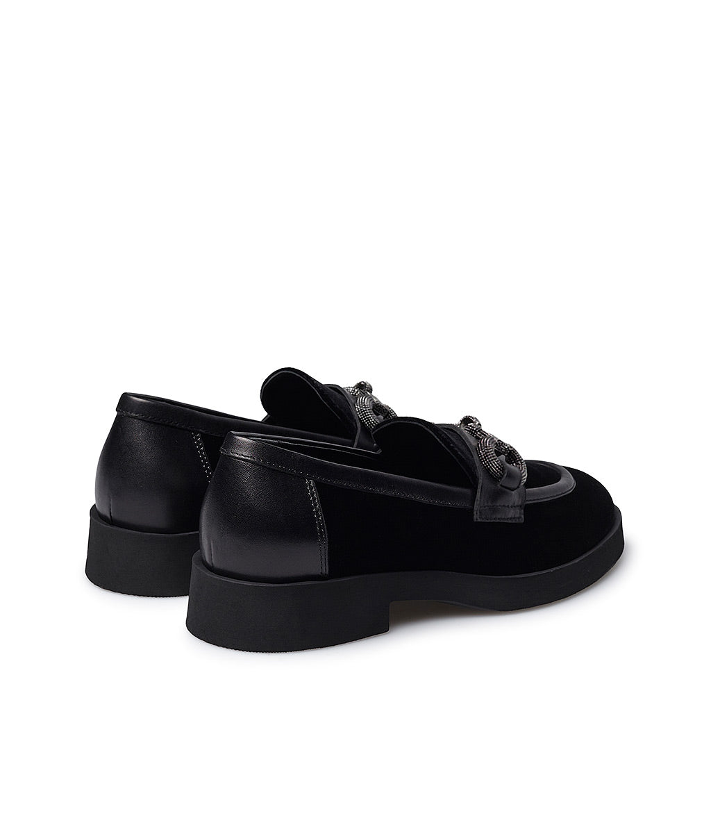 Loriblu Mocassino in velluto e vitello nero con morsetto gioiello Outlet