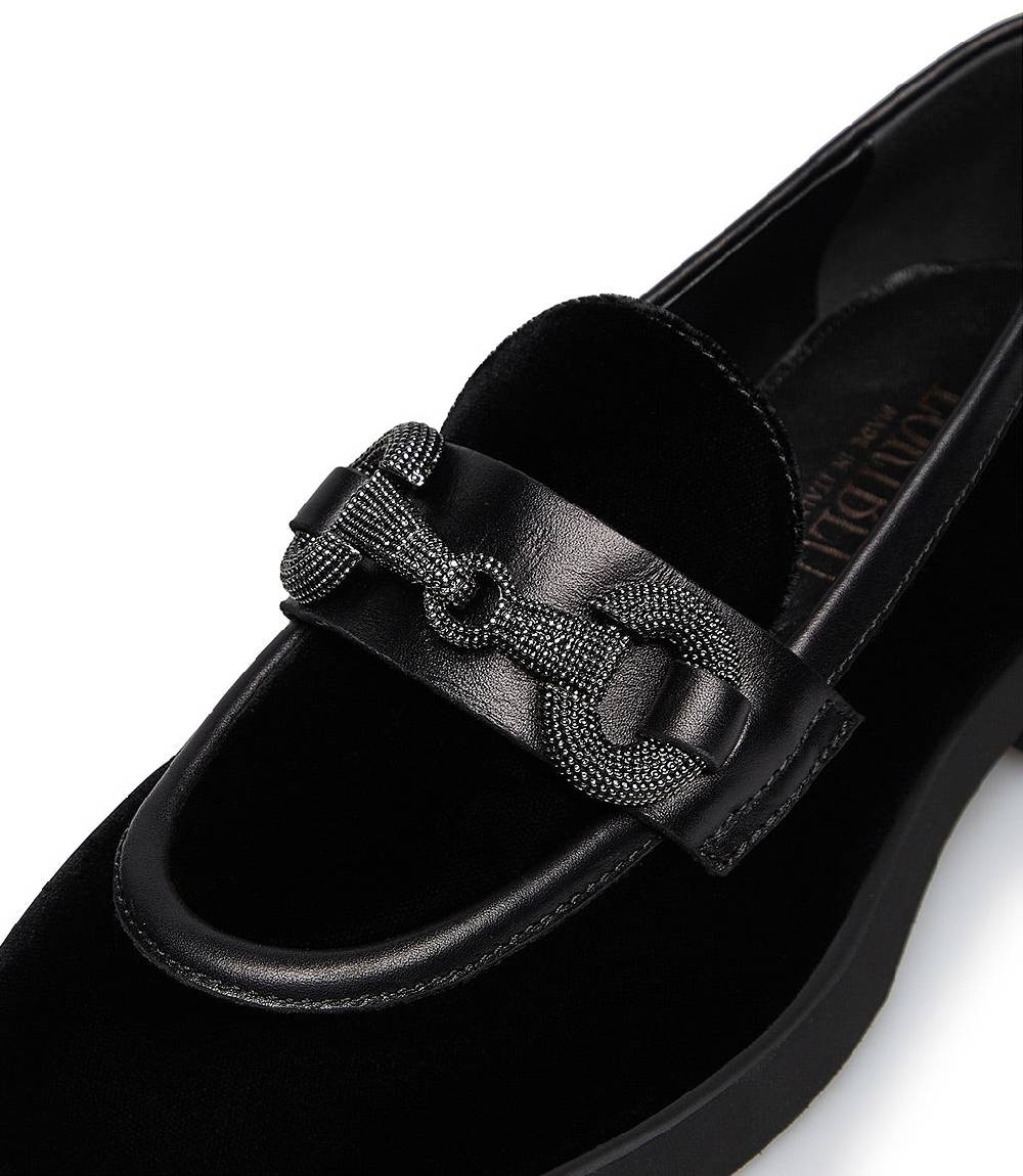 Loriblu Mocassino in velluto e vitello nero con morsetto gioiello Outlet