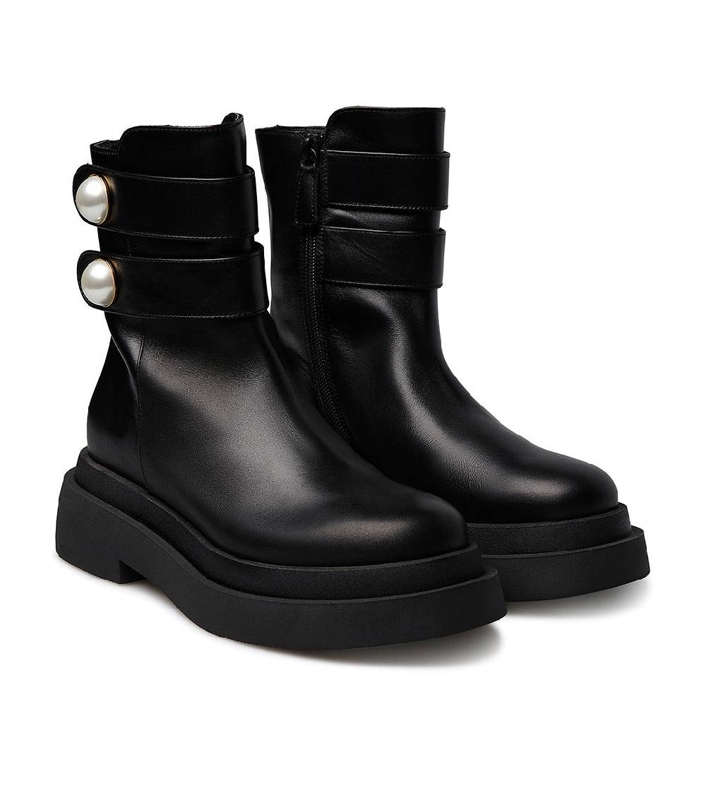 Loriblu Stivaletto in vitello nero con cinturini e borchie perla Hotsell