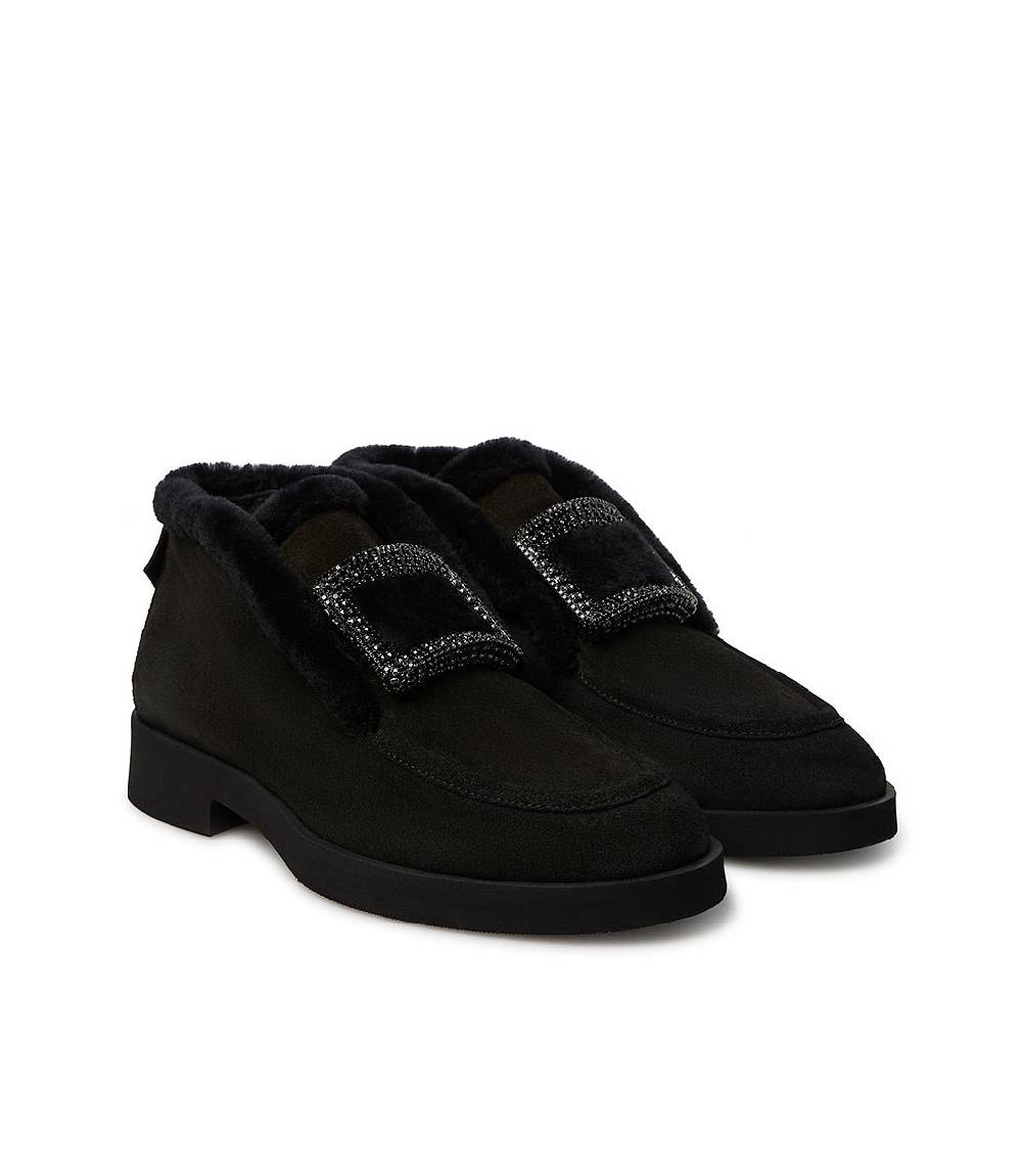 Loriblu Mocassini in camoscio e shearling nero con fibbia-gioiello In Linea