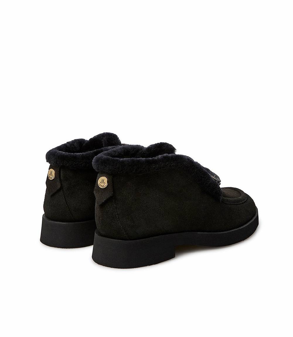 Loriblu Mocassini in camoscio e shearling nero con fibbia-gioiello In Linea